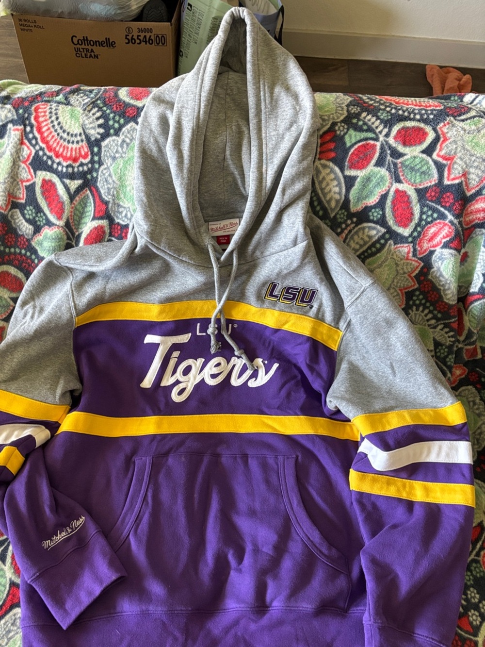 Mitchell & Ness Gray and Purple Pullover Hoodie with Yellow Trim